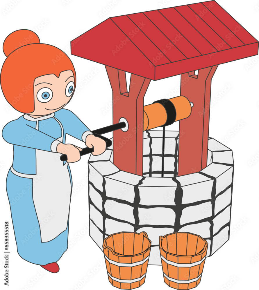 Cartoon woman uses a well. A Housewife draws water from the well with