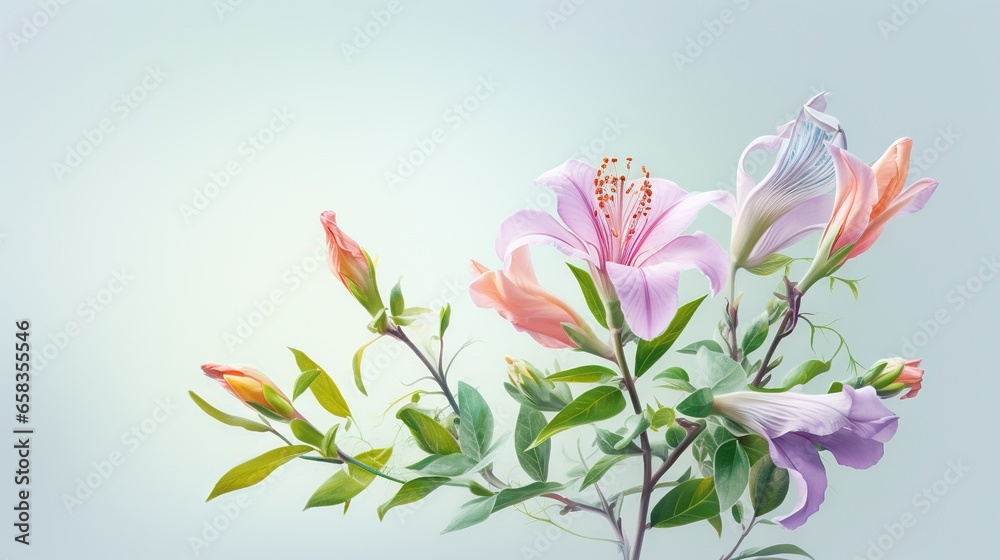  a bunch of flowers that are on a branch with leaves.  generative ai