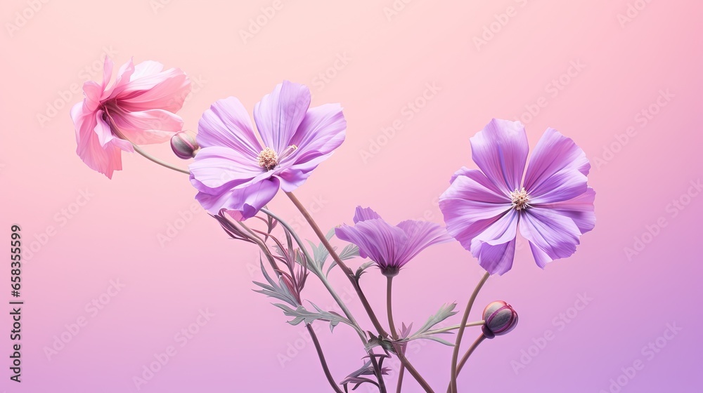three purple flowers are in a vase on a pink background. generative ai three purple flowers are in a vase on a pink background. generative ai