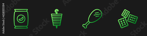Set line Chicken leg, Bag or packet potato chips, Grilled shish kebab and Cracker biscuit. Gradient color icons. Vector
