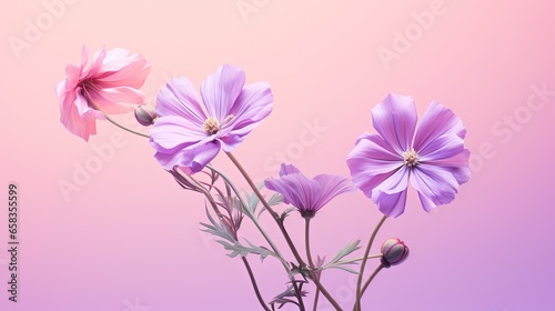  three purple flowers are in a vase on a pink background. generative ai