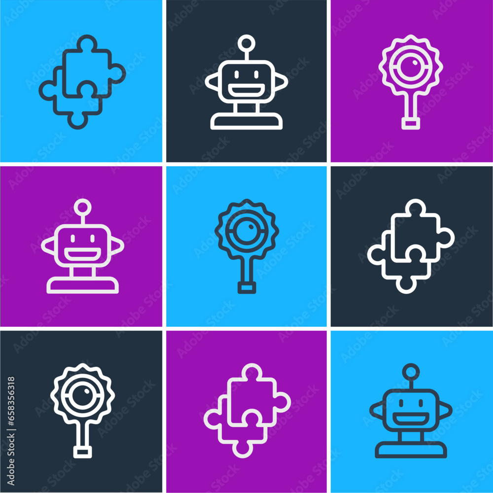 Set line Puzzle pieces toy, Rattle baby and Robot icon. Vector Set line Puzzle pieces toy, Rattle baby and Robot icon. Vector