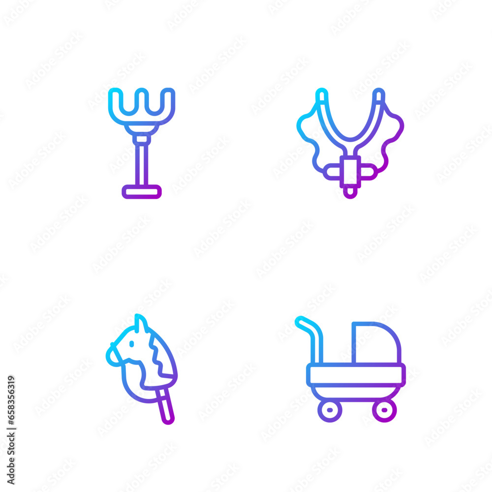 Set line Baby stroller, Toy horse, Rake toy and Slingshot. Gradient color icons. Vector