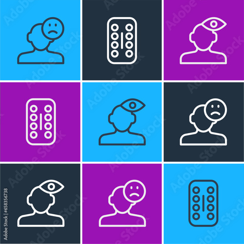Set line Sad and depressed man, bad mood, Solution problem in psychology and Sedative pills icon. Vector