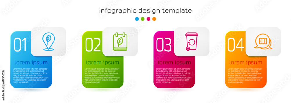 Set line Location with leaf, Calendar autumn leaves, Recycle bin and Leaf Eco symbol. Business infographic template. Vector Set line Location with leaf, Calendar autumn leaves, Recycle bin and Leaf Eco symbol. Business infographic template. Vector