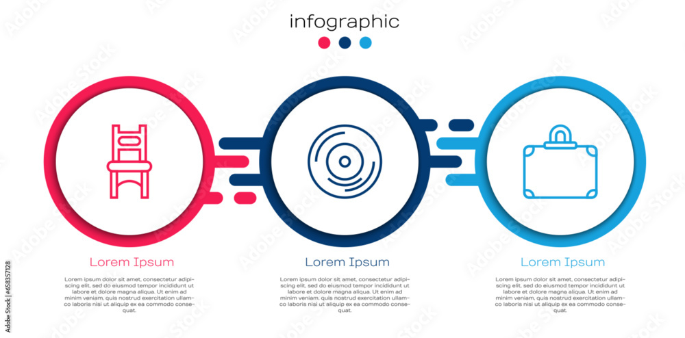 Set line Chair, Vinyl disk and Suitcase. Business infographic template. Vector Set line Chair, Vinyl disk and Suitcase. Business infographic template. Vector