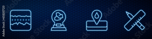Set line Oilfield, Soil ground layers, Exhibition with minerals, rocks and Crossed ruler and pencil. Glowing neon icon on brick wall. Vector