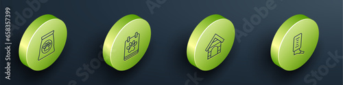 Set Isometric line Bag of food for pet, Calendar grooming, Dog house and Drinker small pets icon. Vector