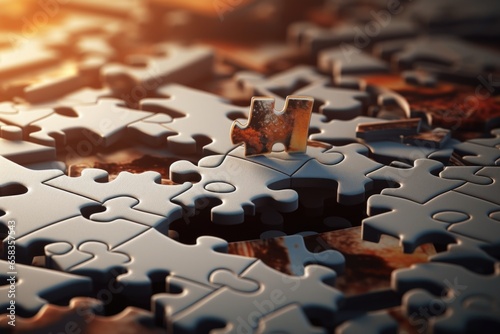 A close-up view of a bunch of puzzle pieces. This image can be used to depict problem-solving, teamwork, challenges, or the concept of finding the missing piece. It is suitable for educational materia
