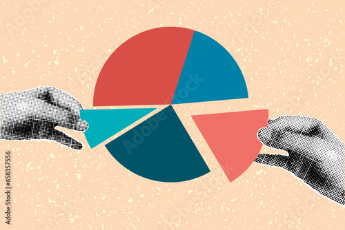 Halftone collage banner, hands and diagram. Retro colors, paper cut elements, concept of business, saving, finance.