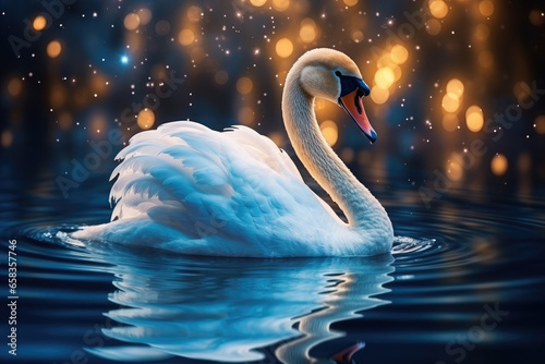 A beautiful swan swims on the water on a magical background.Wallpaper. Magic space fantasy postcard