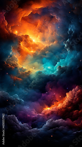 Sky and Colorful Clouds. Nebula Rainbow Stars. Fantastic Sky with Color Clouds. Phenomenal Light. Astral Night. Generative AI. 