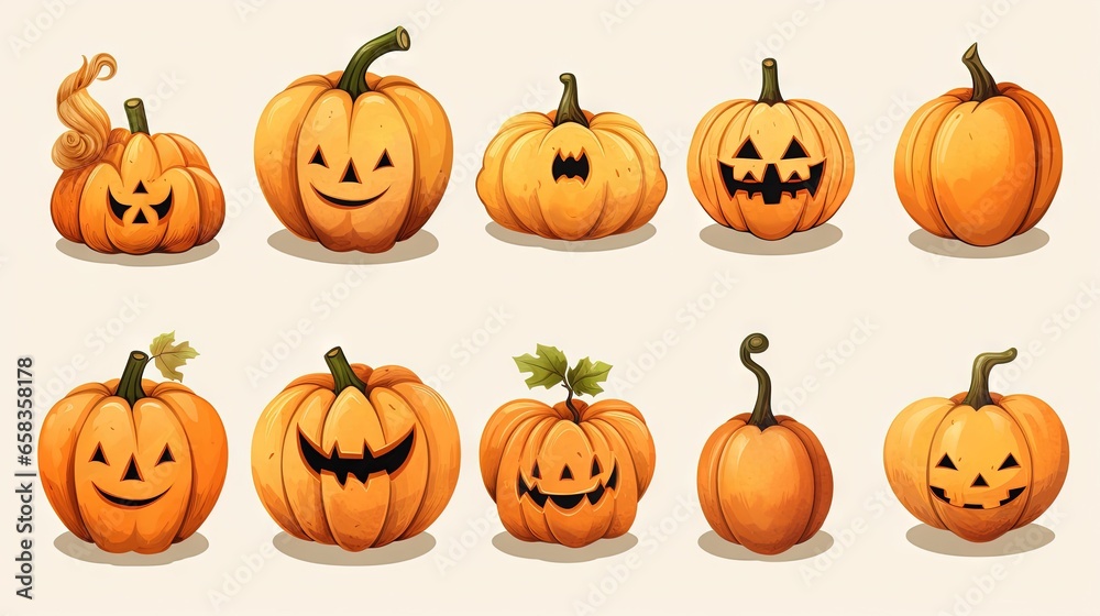 a group of pumpkins with faces drawn on them, all of which have been carved to look like jack - o'- lanterns. generative ai a group of pumpkins with faces drawn on them, all of which have been carved to look like jack - o'- lanterns. generative ai