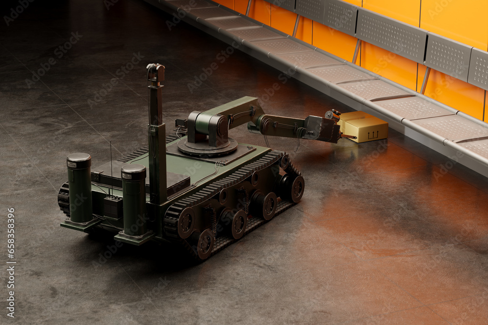 Police sapper robot disarming suspicious package left in a subway station.