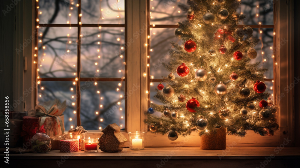 A festive representation of a December 2024 calendar page surrounded by twinkling holiday lights and a decorated Christmas tree
