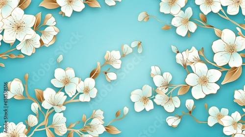 a blue background with white flowers and gold leaves on it.  generative ai
