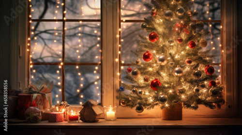 A festive representation of a December 2024 calendar page surrounded by twinkling holiday lights and a decorated Christmas tree