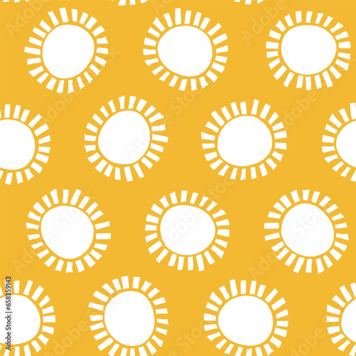 Abstract white suns seamless pattern on yellow background. Geometric circle repeat pattern in minimalist style. Farbric, paper, clothing summer design.