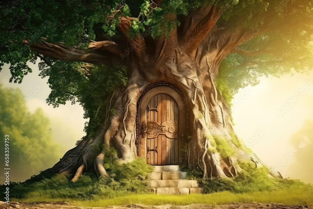 Imaginative Depiction Of Huge Old Fantasy Deciduous Tree With Door To ...