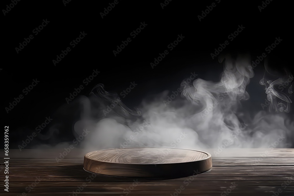 Old Wood Tabletop With Smoke Against Dark Background