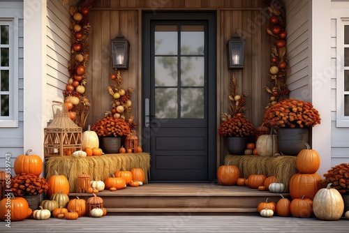 Old House Porch Adorned With Pumpkins For Autumn, Halloween, And Thanksgiving. Сoncept Autumn Porch Decor, Halloween Pumpkins, Thanksgiving Decorations, Old House Charm