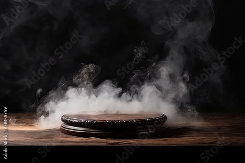 Old Wood Tabletop With Smoke Against Dark Background, Adding Mysterious Touch. Сoncept Vintage Decor, Dark Aesthetic, Mysterious Atmosphere