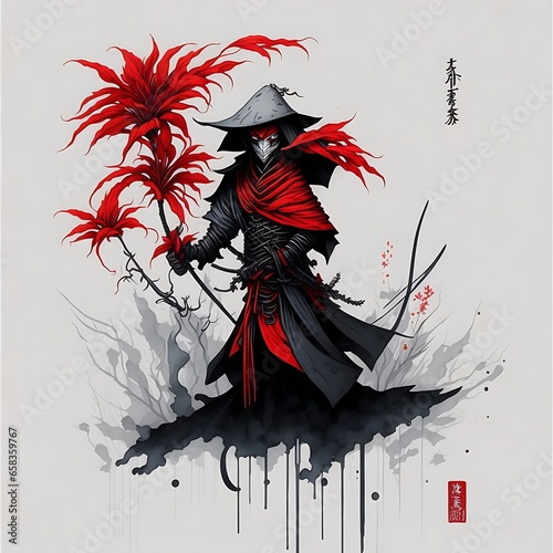 Japanese Ninja samurai warrior in complete armor, spider lily, and oni demon mask warrior in white background for T shirt, poster print. Rough art style japanese Generative Ai photo