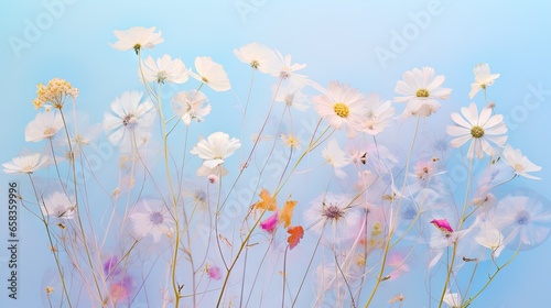  a bunch of white and pink flowers against a blue background.  generative ai © Nadia