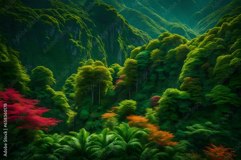 A vibrant landscape of lush foliage and vibrant colors where nature and technology merge in harmony - AI Generative