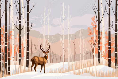 Beautiful vector illustration of a winter landscape with a deer. Amazing forest with a beautiful deer in a birch forest. Christmas design.