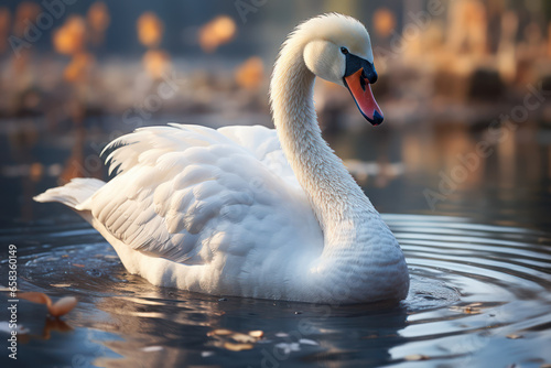 The graceful curve of a swan's neck as it glides across a tranquil pond. Concept of natural elegance. Generative Ai.