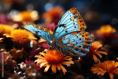 A delicate butterfly resting on a vibrant flower petal. Concept of the beauty of small wonders in nature. Generative Ai.