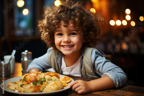 A cheerful child enjoying a nutritious, homemade meal with a wide smile. Concept of healthy eating habits in childhood. Generative Ai.
