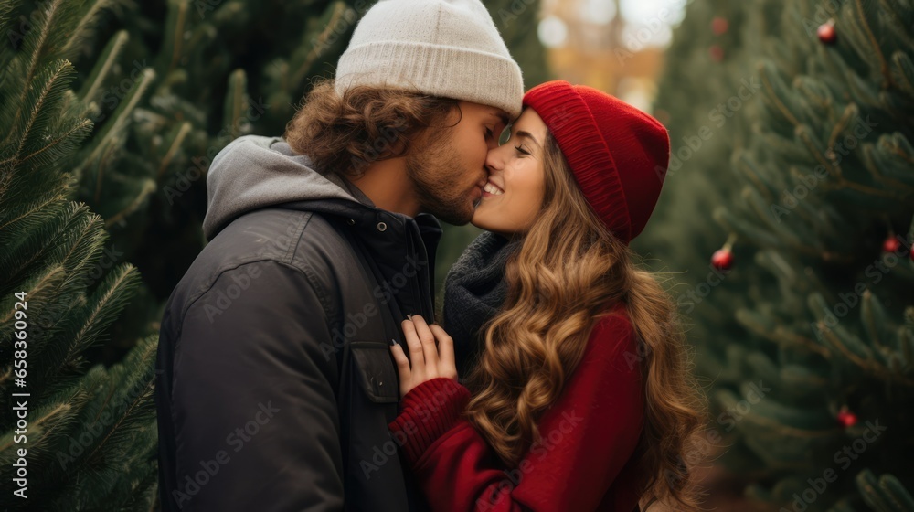 Fototapeta premium Couple kiss in winter holiday theme