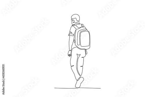 Back view of a man carrying a backpack. International migrants day one-line drawing