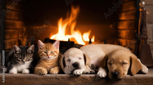 Wallpaper Mural Cozy pets curled up by the fireplace in winter Torontodigital.ca