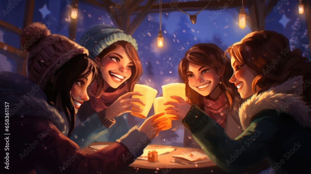 Friend toasting at night party, Holiday Celebration illustration cartoon