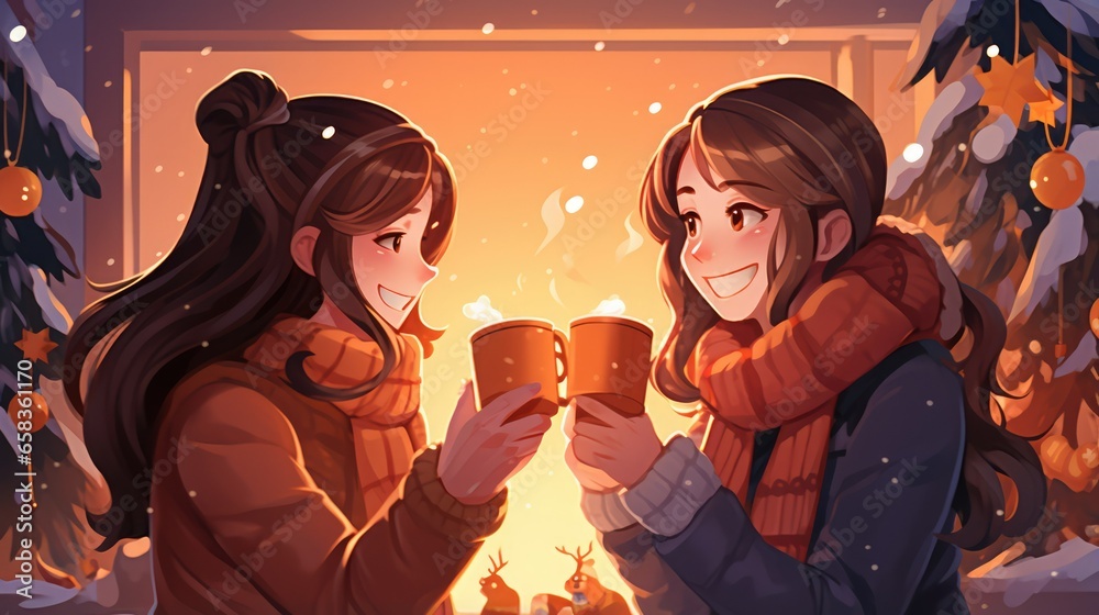 Friend toasting with hot cocoa, christmas winter party, illustration cartoon