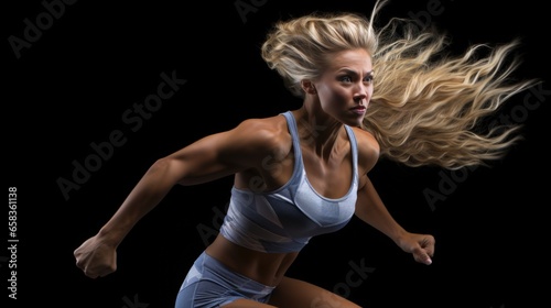 A woman athlete runs in a dynamic pose.