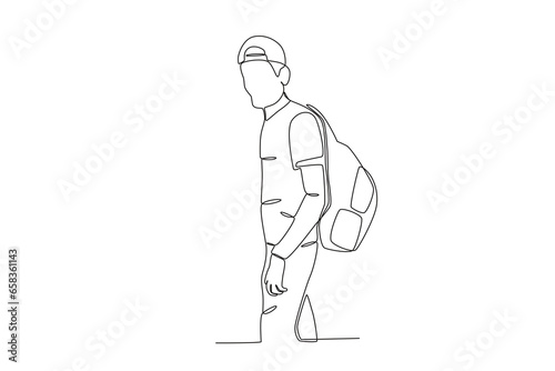 Side view of a man in a hat carrying a backpack. International migrants day one-line drawing