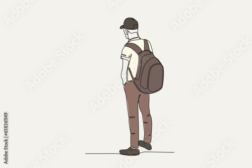 Color illustration of a migrant man carrying a bag. International migrants day one-line drawing