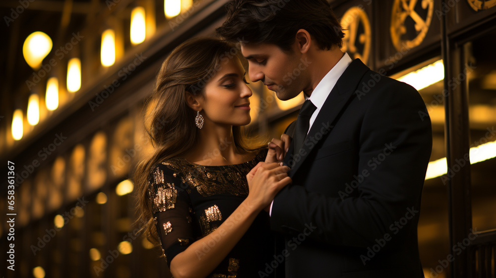 An artistic shot of a couple in elegant evening wear, sharing a romantic embrace under the grand clock at a historic train station