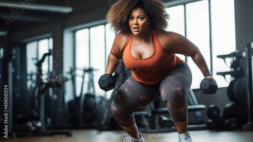 Plus size woman lifting dumbbell, weight training