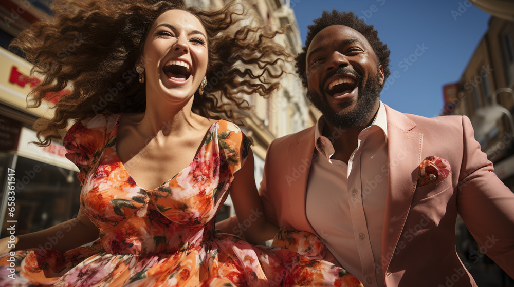 A dynamic photograph of a stylish couple leaping in the air with joy as they prepare to embark on a new adventure