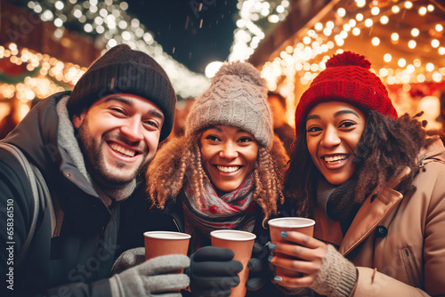Multiracial friends drinking mulled wine at Christmas fair in festively decorated city
