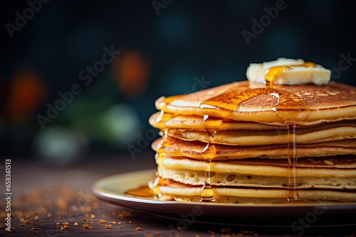 Wallpaper Mural A stack of pancakes on a plate, honey, a melting piece of butter on top. Close-up. Blurred background  Torontodigital.ca