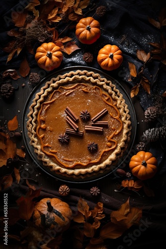 Pumpkin pie. Autumn style decorations. Top view. Dark colour scheme 