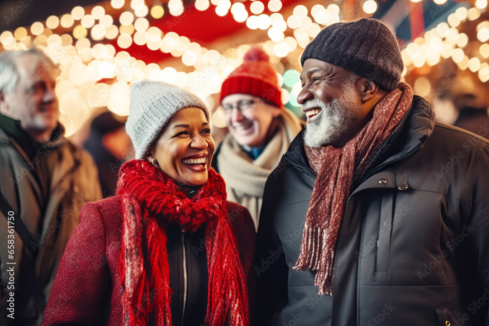 Multiracial senior friends having fun And walk around Christmas fair in festively decorated city