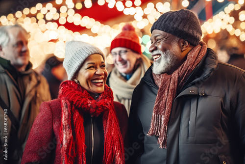 Multiracial senior friends having fun And walk around Christmas fair in festively decorated city