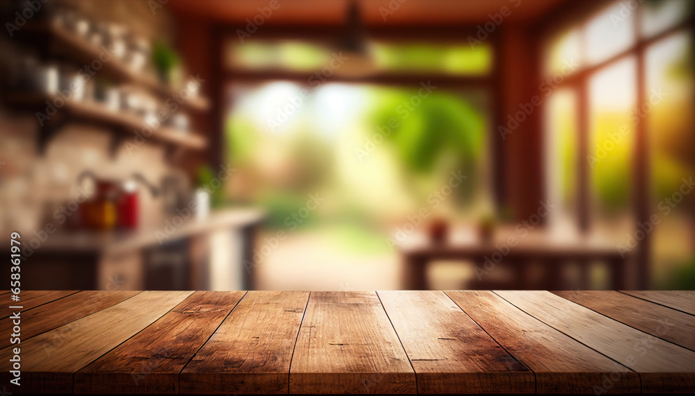 Empty old wooden table with countryside kithcen in background Empty old wooden table with countryside kithcen in background